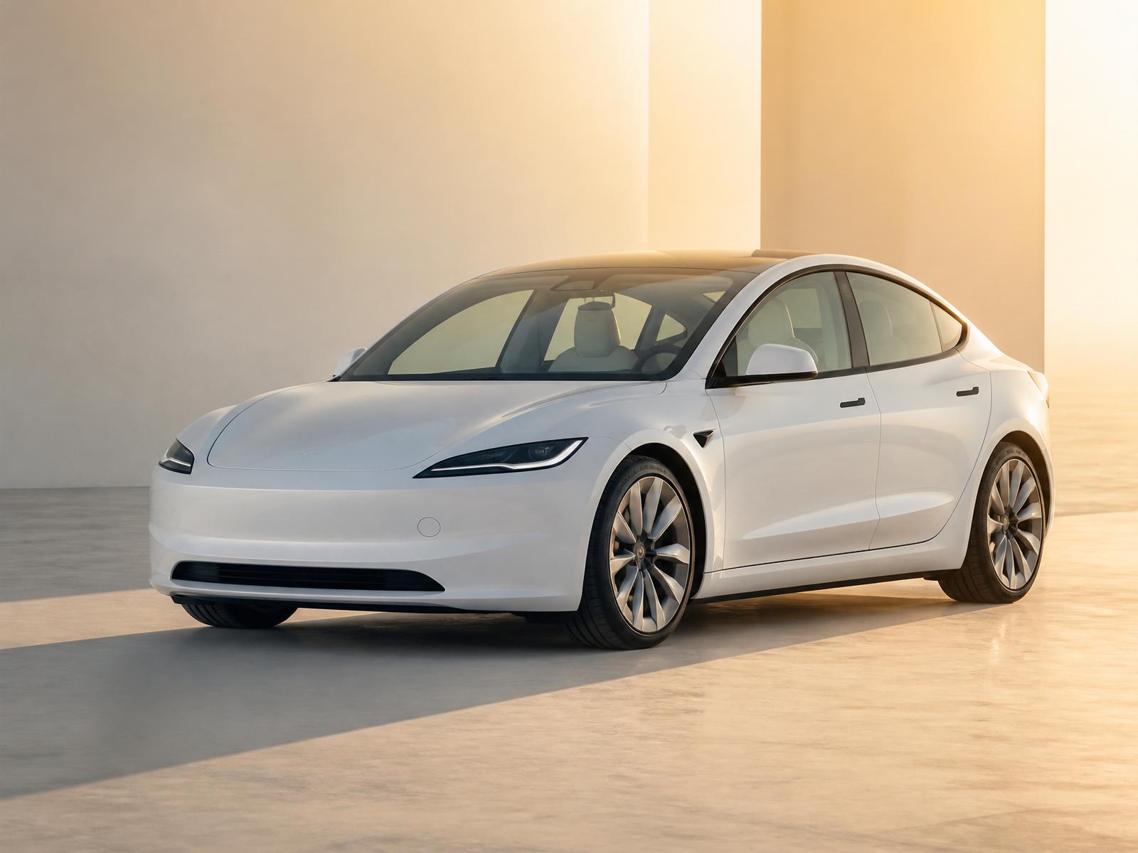 White Tesla Model 3 — the UK's most-leased electric car — in warm studio light